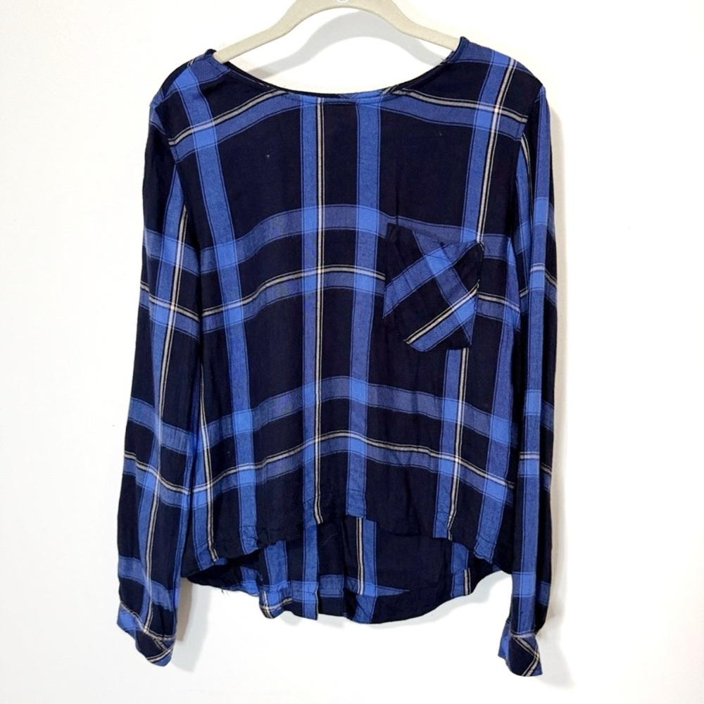 Anthro Cloth & Stone Blue Plaid Lace Up Back Blouse Size Small
